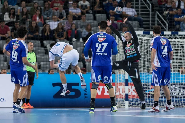 ZAGREB, CROATIA - SEPTEMBER 23, 2017: EHF Velux Champions League PPD Zagreb VS RK Pick Szeged. KONTREC Tin (9) shooting at the goal