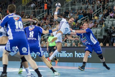 ZAGREB, CROATIA - SEPTEMBER 23, 2017: EHF Velux Champions League PPD Zagreb VS RK Pick Szeged. MANDALINIC Stipe (27) shooting at the goal
