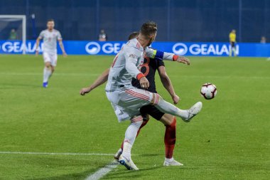 ZAGREB, CROATIA - NOVEMBER 15, 2018: UEFA Nations League football match Croatia vs. Spain. In action Ante Rebic (18) and Sergio Ramos (15)
