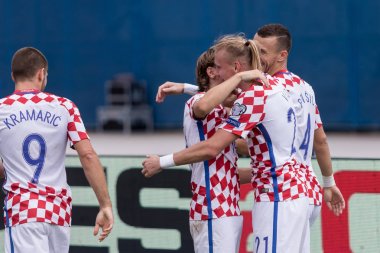 ZAGREB, CROATIA - SEPTEMBER 03, 2017: European qualifier for 2018 FIFA World CUp Russia. Croatia vs Kosovo. Domagoj VIDA (21)  and Luka MODRIC (10) celebrating goal