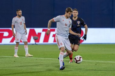 ZAGREB, CROATIA - NOVEMBER 15, 2018: UEFA Nations League football match Croatia vs. Spain. In action Inigo Martinez (4) and Andrej Kramaric (9)