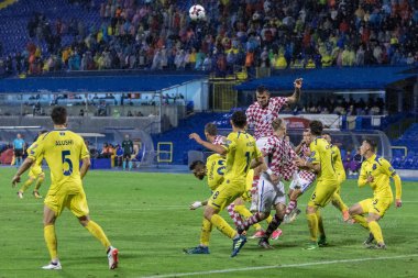 ZAGREB, CROATIA - SEPTEMBER 02, 2017: European qualifier for 2018 FIFA World CUp Russia. Croatia vs Kosovo. Dejan LOVREN (6) jumps for head kick