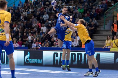 ZAGREB, CROATIA - SEPTEMBER 19, 2017: SEHA League PPD Zagreb VS RK Celje Pivovarna Lasko. MANDALINIC Stipe (27) with the ball