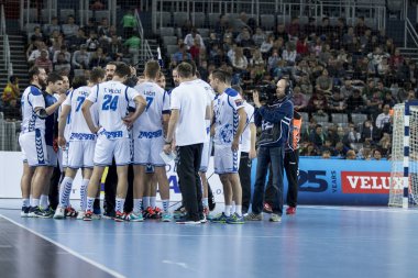 Zagreb, Hırvatistan - 23 Kasım 2017: Ehf Velux Şampiyonlar Ligi PD Zagreb - Fc Barcelona Lassa. Zagreb oyuncuları oyun sahasında