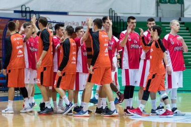 ZAGREB, CROATIA - SEPTEMBER 29, 2017: ABA league KK Cedevita Zagreb vs. KK FMP Beograd. Players greeting them self