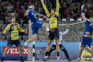 Zagreb, Hırvatistan - 29 Kasım 2017: Ehf Velux Şampiyonlar Ligi PPD Zagreb - Rhein-Neckar Lowen. Matej Hrstic (44), Pekeler Hendrik (23) ve Reinkind Harald (27))