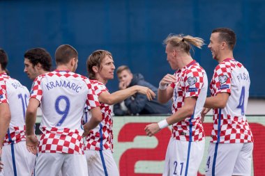 ZAGREB, CROATIA - SEPTEMBER 03, 2017: European qualifier for 2018 FIFA World CUp Russia. Croatia vs Kosovo. Domagoj VIDA (21)  and Luka MODRIC (10) celebrating goal
