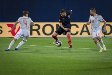 ZAGREB, CROATIA - NOVEMBER 15, 2018: UEFA Nations League football match Croatia vs. Spain. In action Ante Rebic (18) Inigo Martinez (4) and Jordi Alba (18)