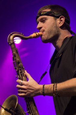 Zagreb, Hırvatistan - 01 Aralık 2017: New York 'tan Lucky Chops Amerikan bandosu Zagreb' deki Tvornica Kulture 'da (Kültür Fabrikası) sahne aldı  