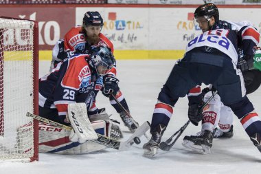 ZAGREB, CROATIA - DECEMBER 28, 2017: EBEL ice hockey league match between Medvescak Zagreb and Graz 99ers. Vilim ROSANDIC (29) goalie in action saves the goal
