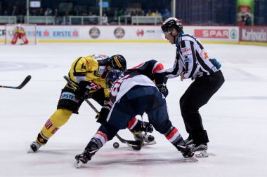 Zagreb, Hırvatistan - 31 Ekim 2017: Medvescak Zagreb ile Viyana Başkentleri arasında Ebel buz hokeyi ligi maçı. Yüz yüze. 