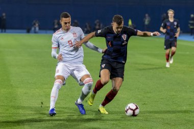 ZAGREB, CROATIA - NOVEMBER 15, 2018: UEFA Nations League football match Croatia vs. Spain. In action Ivan Perisic (4) and Rodrigo (9)