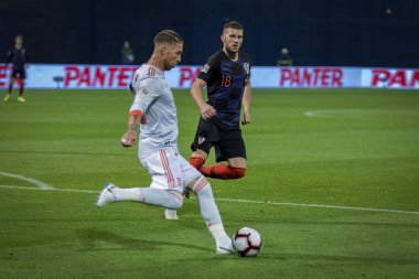 ZAGREB, CROATIA - NOVEMBER 15, 2018: UEFA Nations League football match Croatia vs. Spain. In action Sergio Ramos (15) and Ante Rebic (18)