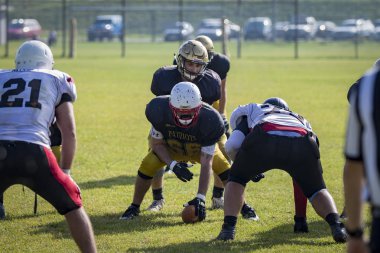 Zagreb, Hırvatistan - 07 Ekim 2018: Hırvat futbol ligi, Zagreb Patriots ve Saraybosna Spartalılar arasındaki ilk tur maç (30: 6). Futbolcular iş başında