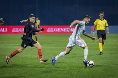 ZAGREB, CROATIA - NOVEMBER 15, 2018: UEFA Nations League football match Croatia vs. Spain. In action Saul Niguez (6) and Andrej Kramaric (9)