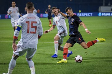 ZAGREB, CROATIA - NOVEMBER 15, 2018: UEFA Nations League football match Croatia vs. Spain. In action Ivan Perisic (4) and Saul Niguez (6)