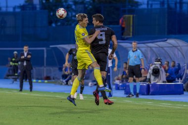 Zagreb, Hırvatistan - 14 Ağustos 2018: Uefa Şampiyonları Leauge eleme turu. Gnk Dinamo, Fc Astana 'ya karşı. Mario Budimir (9))