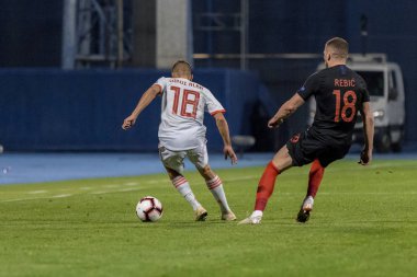 ZAGREB, CROATIA - NOVEMBER 15, 2018: UEFA Nations League football match Croatia vs. Spain. In action Jordi Alba (18) and Ante Rebic (18)