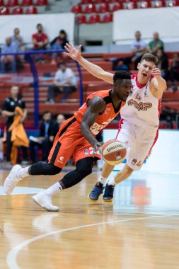 ZAGREB, CROATIA - SEPTEMBER 29, 2017: ABA league KK Cedevita Zagreb vs. KK FMP Beograd. Will Cherry (22) leading the ball