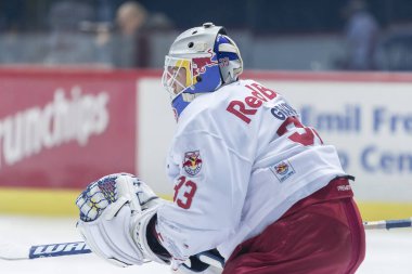 izagreb, Hırvatistan - 21 Kasım 2017: Medvescak Zagreb ile Red Bull Salzburg arasında Ebel buz hokeyi ligi maçı. Luka Gracnar (33) kalecisi