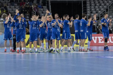 Zagreb, Hırvatistan - 29 Kasım 2017: Ehf Velux Şampiyonlar Ligi PPD Zagreb - Rhein-Neckar Lowen. Oyuncular zaferi kutluyor