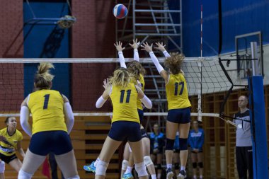 Zagreb, Hırvatistan - 02 Aralık 2017: Hırvat Voleybol Süper Ligi kadını. Ok Olimpik ve Ok Marina Kastela arasında maç var. Oyuncular iş başında