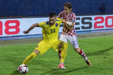 ZAGREB, CROATIA - SEPTEMBER 02, 2017: European qualifier for 2018 FIFA World CUp Russia. Croatia vs Kosovo. Luka MODRIC (10) and  Bajram Jashanica (22) in duel