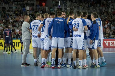 Zagreb, Hırvatistan - 29 Eylül 2018: Ehf man 's Championship League. PD Zagreb, Paris Saint-Germain 'e karşı. Zagreb oyuncuları zaman aşımına uğradı