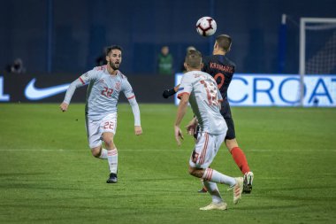 ZAGREB, CROATIA - NOVEMBER 15, 2018: UEFA Nations League football match Croatia vs. Spain. In action Jordi Alba (18) and Andrej Kramaric (9)