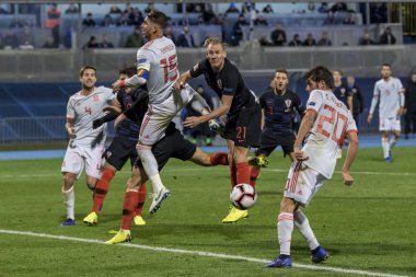 ZAGREB, CROATIA - NOVEMBER 15, 2018: UEFA Nations League football match Croatia vs. Spain. In action Domagoj Vida (21), Sergio Ramos (15) and Sergi Roberto (20)