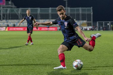 Rijeka, Hırvatistan - 12 Ekim 2018: Uefa Uluslar Ligi maçı Hırvatistan - İngiltere. Eylem Josip Pivaric (22)