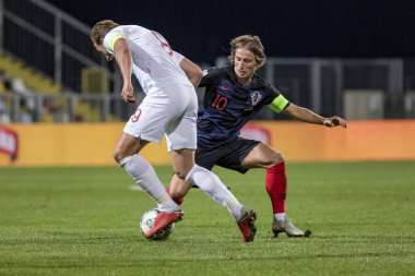 Rijeka, Hırvatistan - 12 Ekim 2018: Uefa Uluslar Ligi maçı Hırvatistan - İngiltere. Eylem Luka Modric (10)