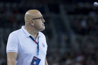 Zagreb, Hırvatistan - 23 Kasım 2017: Ehf Velux Şampiyonlar Ligi PD Zagreb - Fc Barcelona Lassa. Zlatan Saraceviç PPD Zagreb 'den şeftali