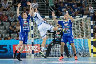 ZAGREB, CROATIA - SEPTEMBER 23, 2017: EHF Velux Champions League PPD Zagreb VS RK Pick Szeged. HRSTIC Matej (44) shooting at the goal