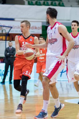 ZAGREB, CROATIA - SEPTEMBER 29, 2017: ABA league KK Cedevita Zagreb vs. KK FMP Beograd. Dzanan Musa (13) with bal