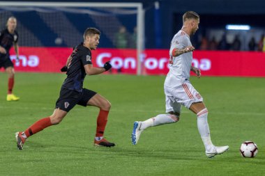 ZAGREB, CROATIA - NOVEMBER 15, 2018: UEFA Nations League football match Croatia vs. Spain. In action Sergio Ramos (15) and Andrej Kramaric (9)