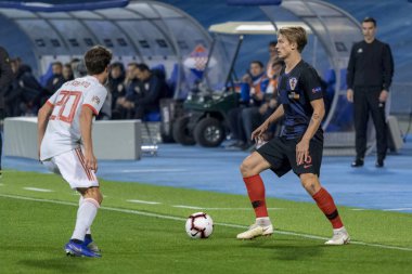 ZAGREB, CROATIA - NOVEMBER 15, 2018: UEFA Nations League football match Croatia vs. Spain. In action Tin Jedvaj (16) and Sergi Roberto (20)