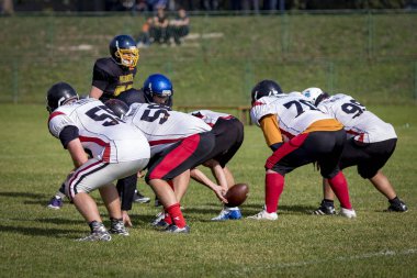 Zagreb, Hırvatistan - 07 Ekim 2018: Hırvat futbol ligi, Zagreb Patriots ve Saraybosna Spartalılar arasındaki ilk tur maç (30: 6). Futbolcular iş başında