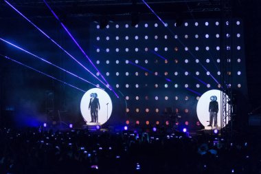 ZADAR, CROATIA - AUGUST 12, 2017: Pet Shop Boys on tour 2017 at Jazine Zadar. The band Pet Shop Boy Neil Tennant and Chris Lowe on stag
