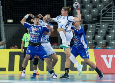 ZAGREB, CROATIA - SEPTEMBER 23, 2017: EHF Velux Champions League PPD Zagreb VS RK Pick Szeged. VUGLAC Mario (74) shooting at the goal