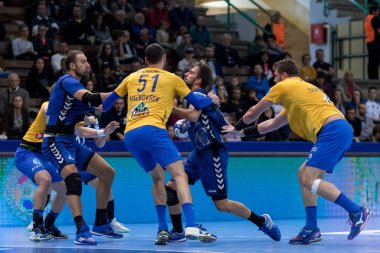 ZAGREB, CROATIA - MARCH 09, 2017: SEHA League PPD Zagreb VS RK Celje Pivovarna Lasko. Players in action