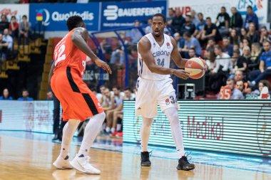 ZAGREB, CROATIA - OCTOBER 15, 2017: ABA league KK Cibona Zagreb vs. KK Cedevita. Langston Avery Hall (34) in actio