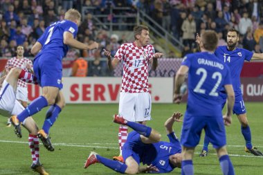 Rijeka, Hırvatistan - 06 Ekim 2017: 2018 Fifa Dünya Kupası Rusya Avrupa elemeleri. Hırvatistan - Finlandiya. Mario Mandzukic (17))
