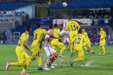 ZAGREB, CROATIA - SEPTEMBER 02, 2017: European qualifier for 2018 FIFA World CUp Russia. Croatia vs Kosovo. Mario MANDZUKIC (17) jumping for the ball
