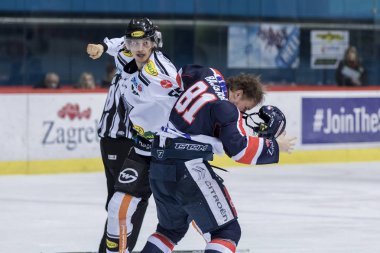 Zagreb, Hırvatistan - 21 Aralık 2017: Medvescak Zagreb ile Dornbirn arasında Ebel buz hokeyi ligi maçı. Saso Rajsar (81) ve Wolf Raphael (55) dövüştüler