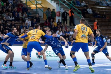 ZAGREB, CROATIA - SEPTEMBER 19, 2017: SEHA League PPD Zagreb VS RK Celje Pivovarna Lasko. VUGLAC Mario (74) with the ball