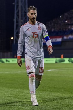 ZAGREB, CROATIA - NOVEMBER 15, 2018: UEFA Nations League football match Croatia vs. Spain. In action Sergio Ramos (15) leaving playing field