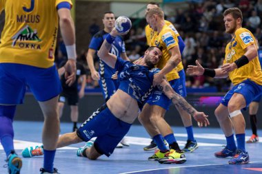 ZAGREB, CROATIA - SEPTEMBER 19, 2017: SEHA League PPD Zagreb VS RK Celje Pivovarna Lasko. SUSNJA Leon (19) trying to shoot at the goal