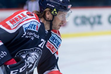 ZAGREB, CROATIA - SEPTEMBER 10, 2017: EBEL ice hockey league match between Medvescak Zagreb and Fehervar AV19. Tomas NETIK (71) close up