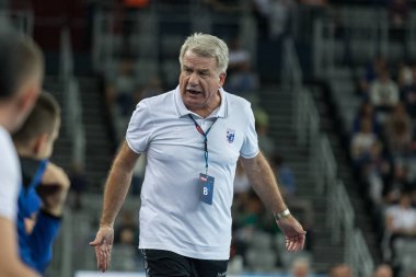 ZAGREB, CROATIA - SEPTEMBER 23, 2017: EHF Velux Champions League PPD Zagreb VS RK Pick Szeged. KAMENICA Kasim (b) angry coach